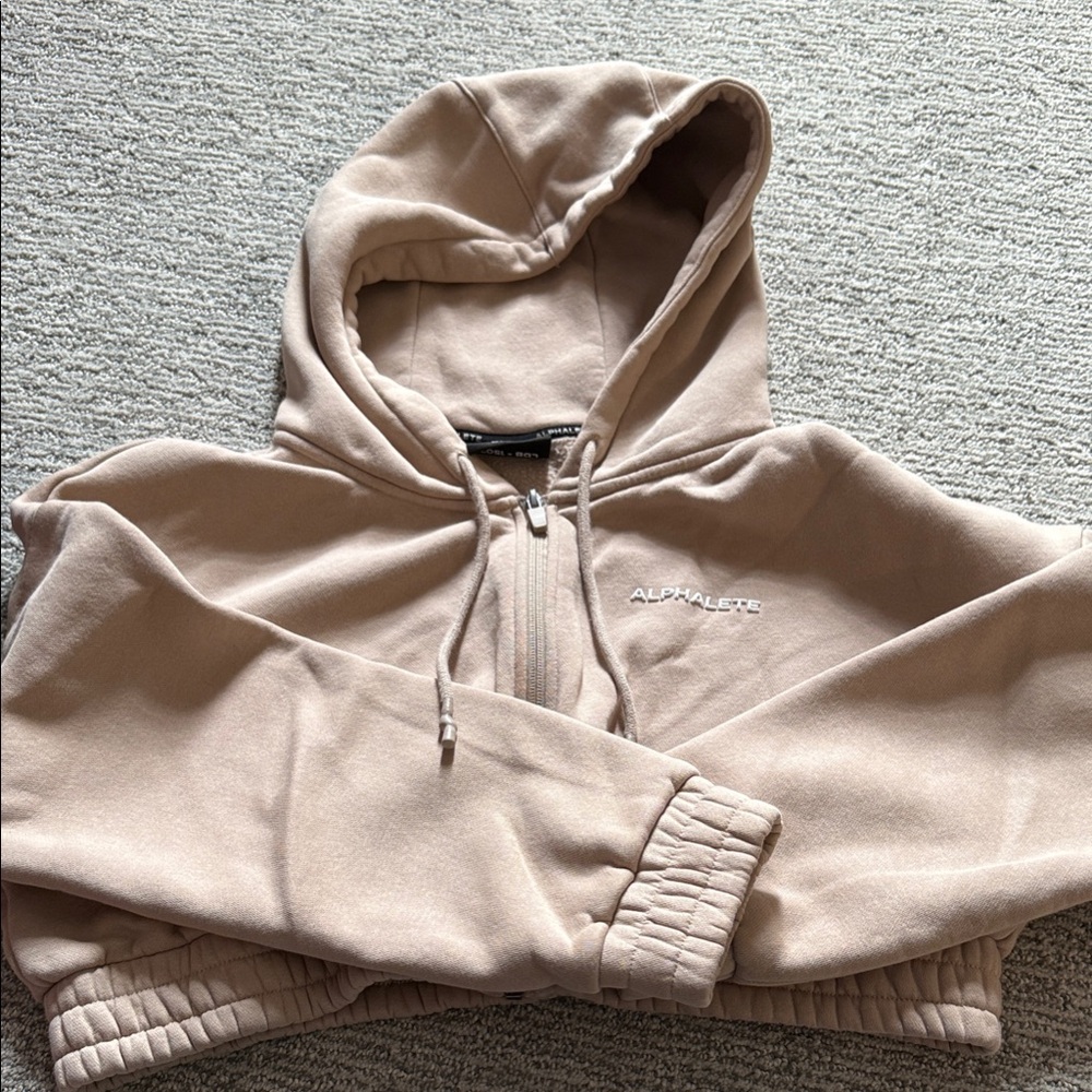 Alphalete Cropped Half-Zip Hoodie in Taupe Beige